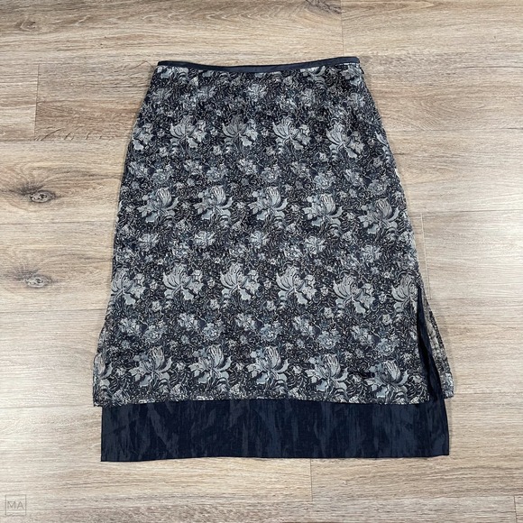 Peruvian Connection Women's Skirt Floral Midi 100% Silk Linen Blend Size 14 Blue - Picture 1 of 7